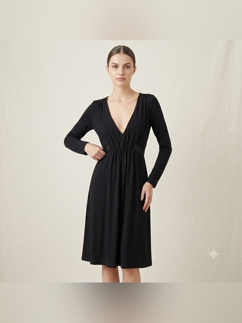 B Smart Long Sleeve V Neck Belted Knee Length Midi Dress Womens Size 9/10